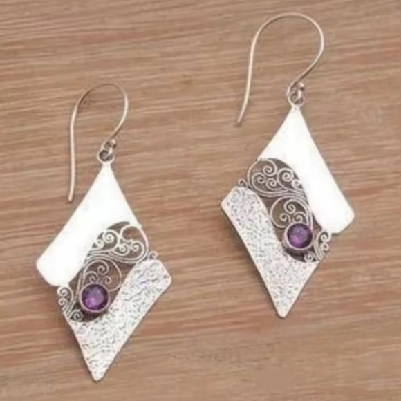 Earrings Geometric Purple Gemstone Dangle New F56 - Picture 1 of 3